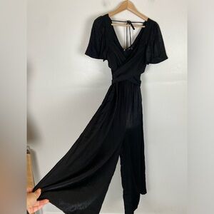 The Clothing Company Satin Wide Leg Jumpsuit Size L Black Faux Wrap Back Tie